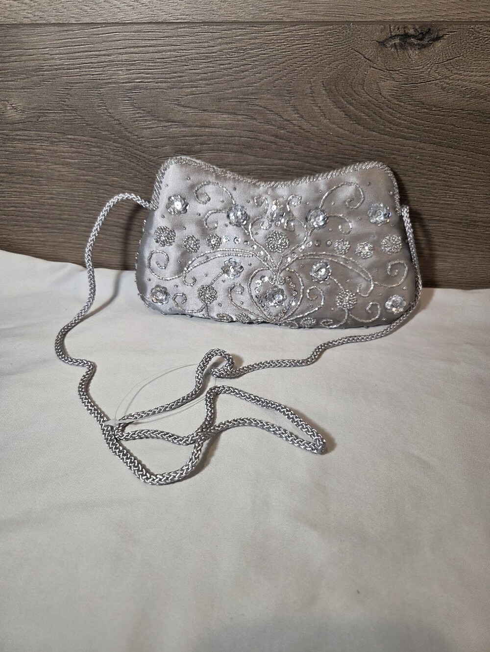 Gray Beaded Purse with Compact Mirror
